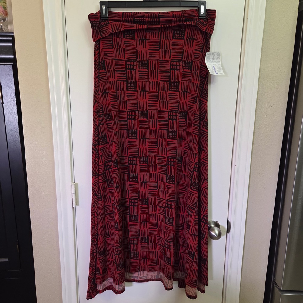 LuLaRoe Maxi Skirt Large Red Black Geometric Grid Print Yoga Waist Long Skirt